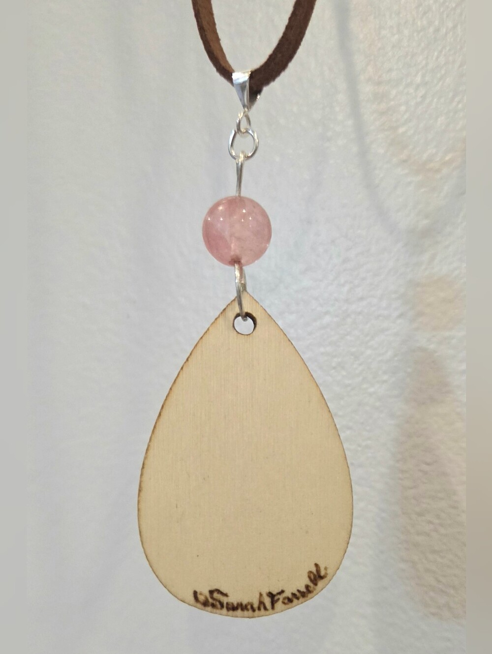 Handcrafted Wooden Floral Boho Pink Cherry Quartz Teardrop Pendant Necklace - Picture 2 of 3